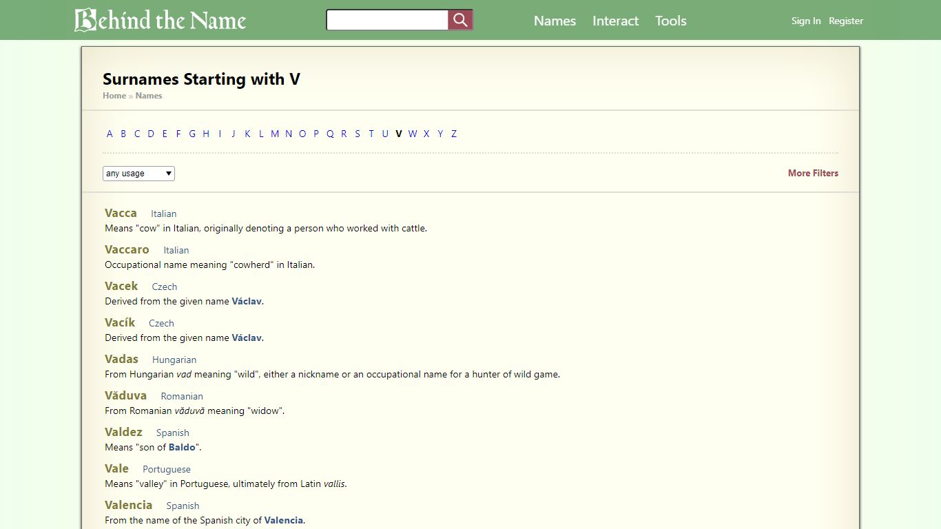 Surnames Starting with V - Behind the Name